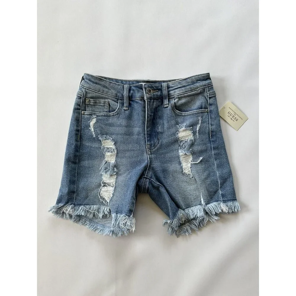 Guess Women’s 1981 Midi Jean Short Light Blue Destroy Denim Size 25